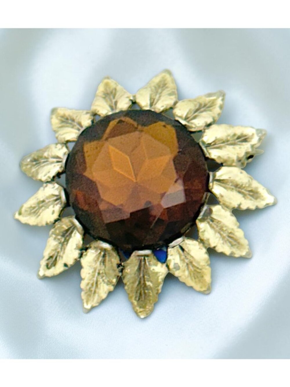 Vintage Emmons Gold-Tone Brooch w/Topaz Color Faceted Rhinestone Sunflower